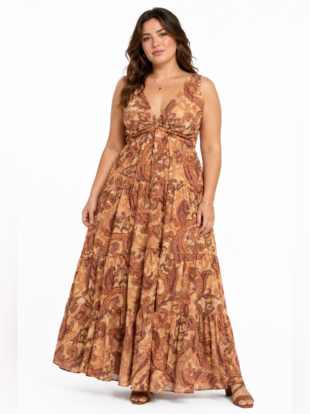 Y2K does 70s Taylor Boho Paisley Maxi Dress (Orange/Brown/Cream) Size Large